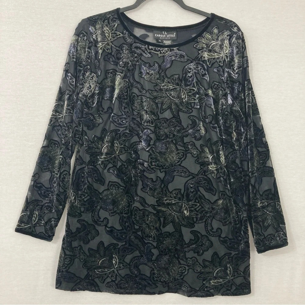 Carole Little Black‎ Burnout Velvet Lined Round Neck Stretch Pullover Top size 8